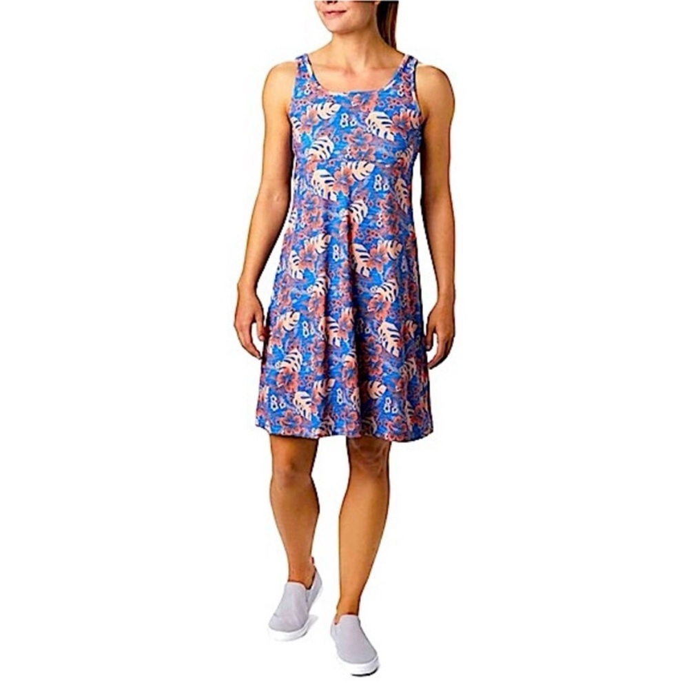 Columbia PFG Sleeveless A-Line Dress Womens Medium Blue Tropical Print Omni